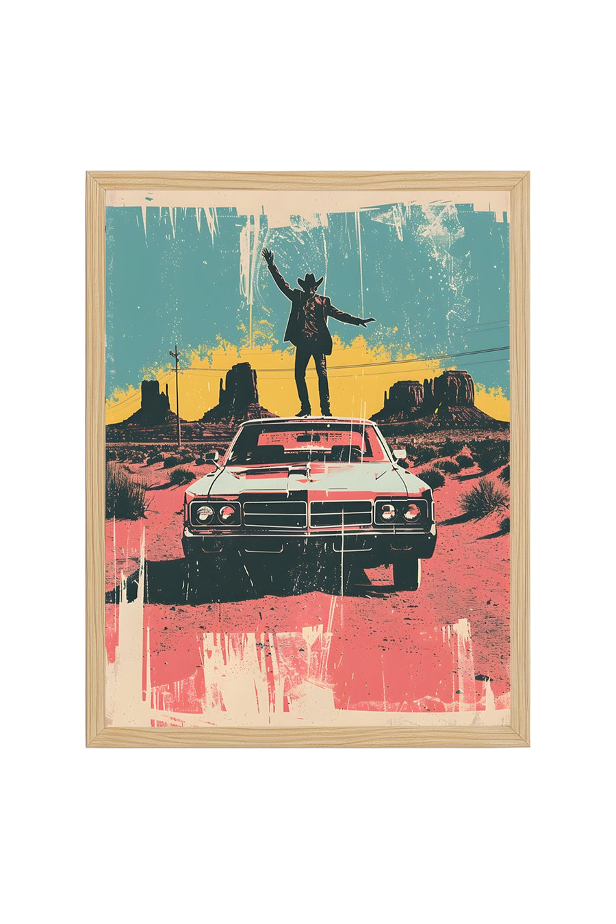 Doğal Ahşap Çerçeveli Western Pop Art Tablo - Retro Tonlar | huhu2019