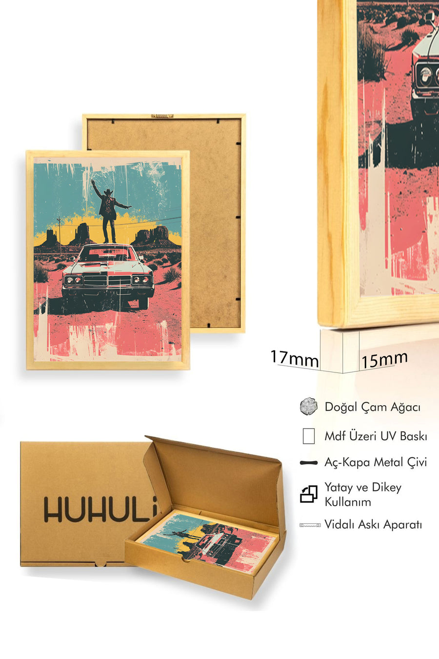 Doğal Ahşap Çerçeveli Western Pop Art Tablo - Retro Tonlar | huhu2019