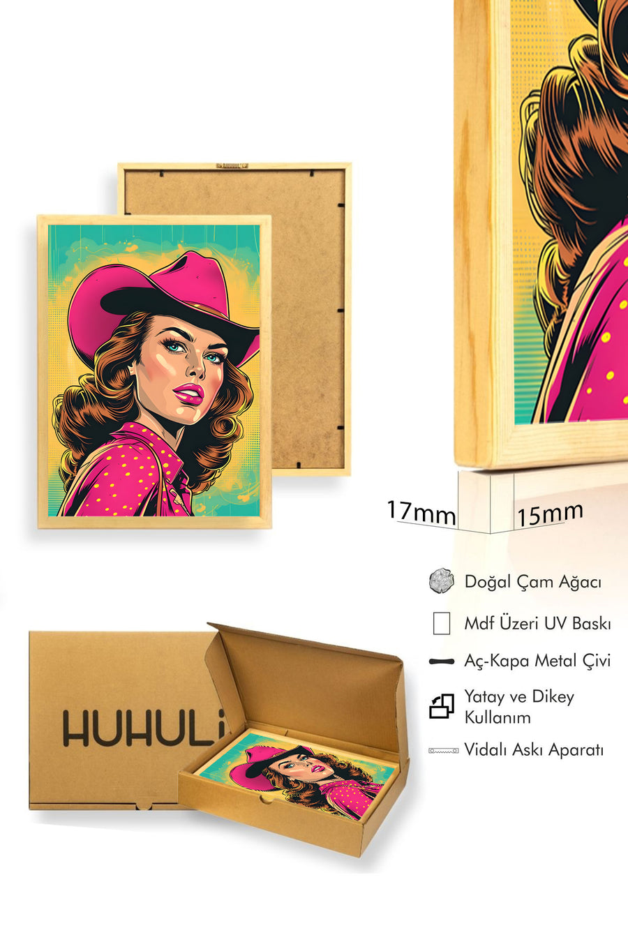 Doğal Ahşap Çerçeveli Pop Art Desenli Tablo - Pembe ve Turkuaz | huhu2021
