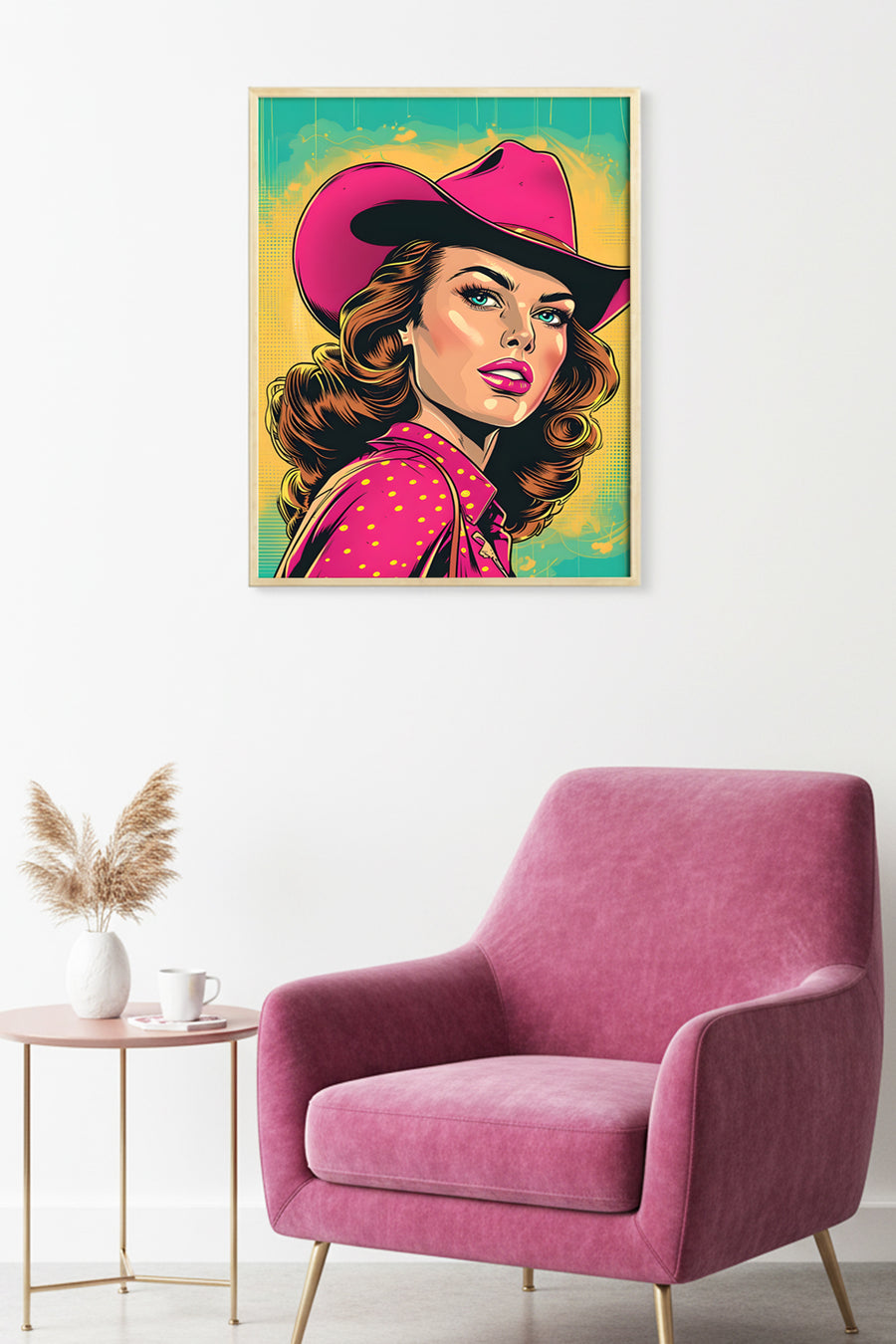 Doğal Ahşap Çerçeveli Pop Art Desenli Tablo - Pembe ve Turkuaz | huhu2021