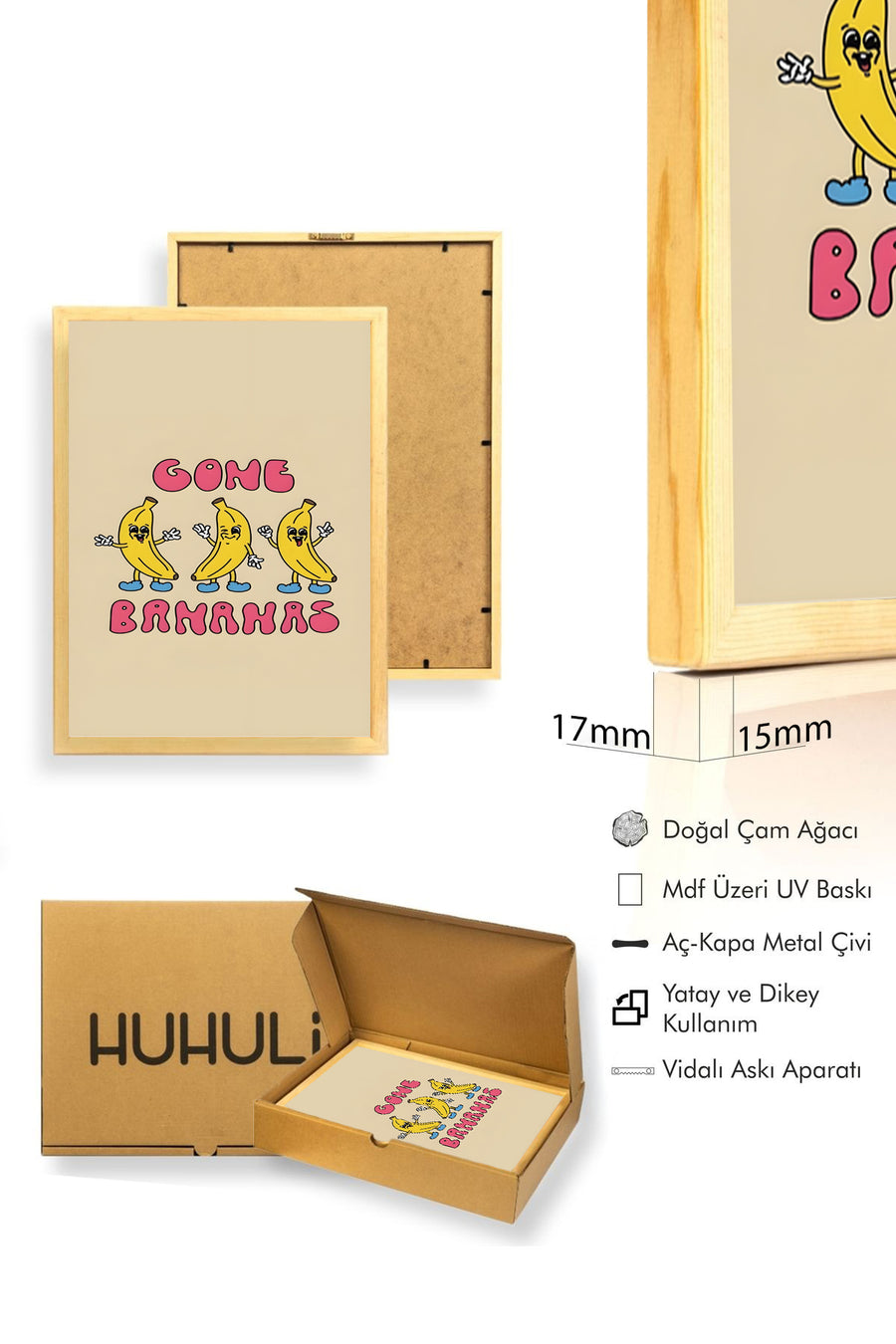 Doğal Ahşap Çerçeveli Muz Desenli Tablo - Pembe Tonlar Pop Art | huhu2023