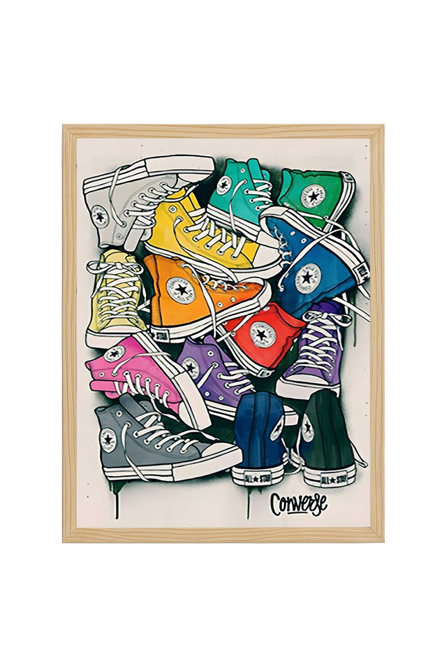 Doğal Ahşap Çerçeveli Ayakkabı Desenli Tablo - Canlı Renkler Pop Art | huhu2030