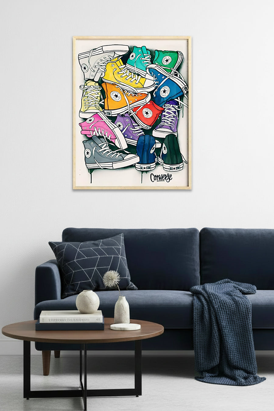 Doğal Ahşap Çerçeveli Ayakkabı Desenli Tablo - Canlı Renkler Pop Art | huhu2030
