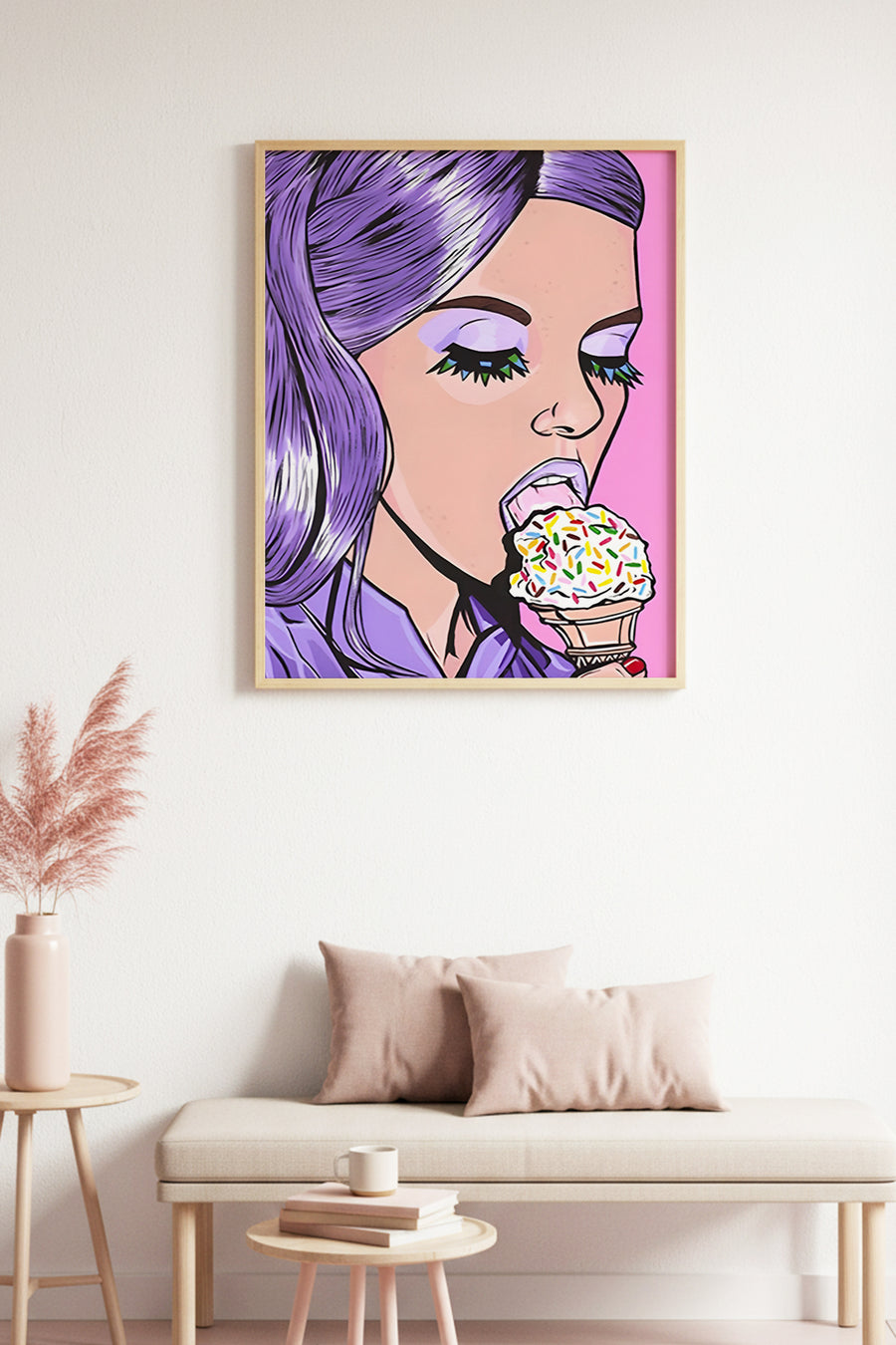 Doğal Ahşap Çerçeveli Mor Saçlı Pop Art Portre Tablo - Canlı Tonlar | huhu2031