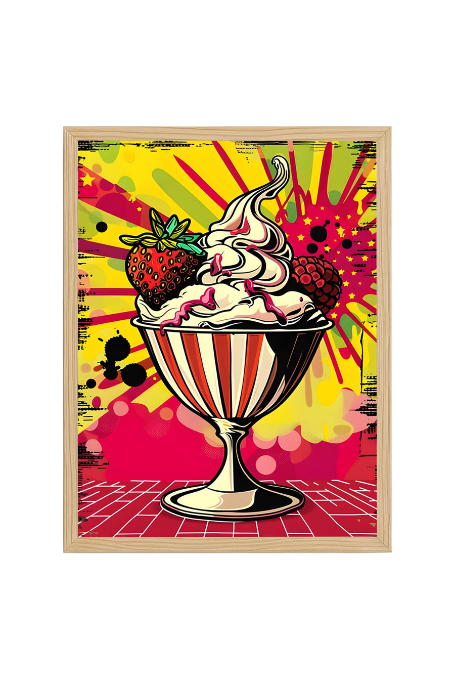 Doğal Ahşap Çerçeveli Retro Dondurma Temalı Tablo - Canlı Pop Art | huhu2038