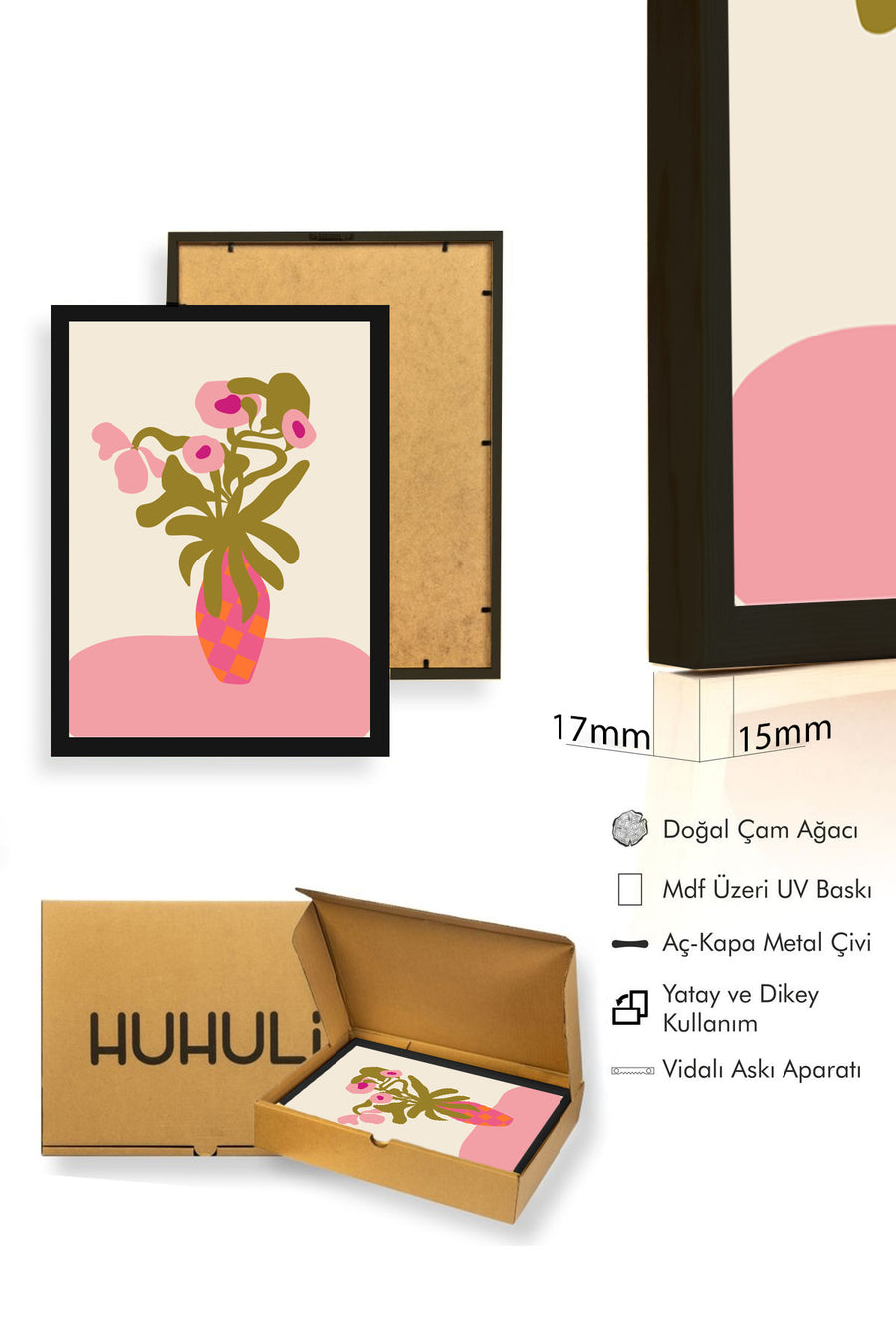 Doğal Ahşap Çerçeveli Retro Çiçekli Tablo - Vintage Floral | huhu2065