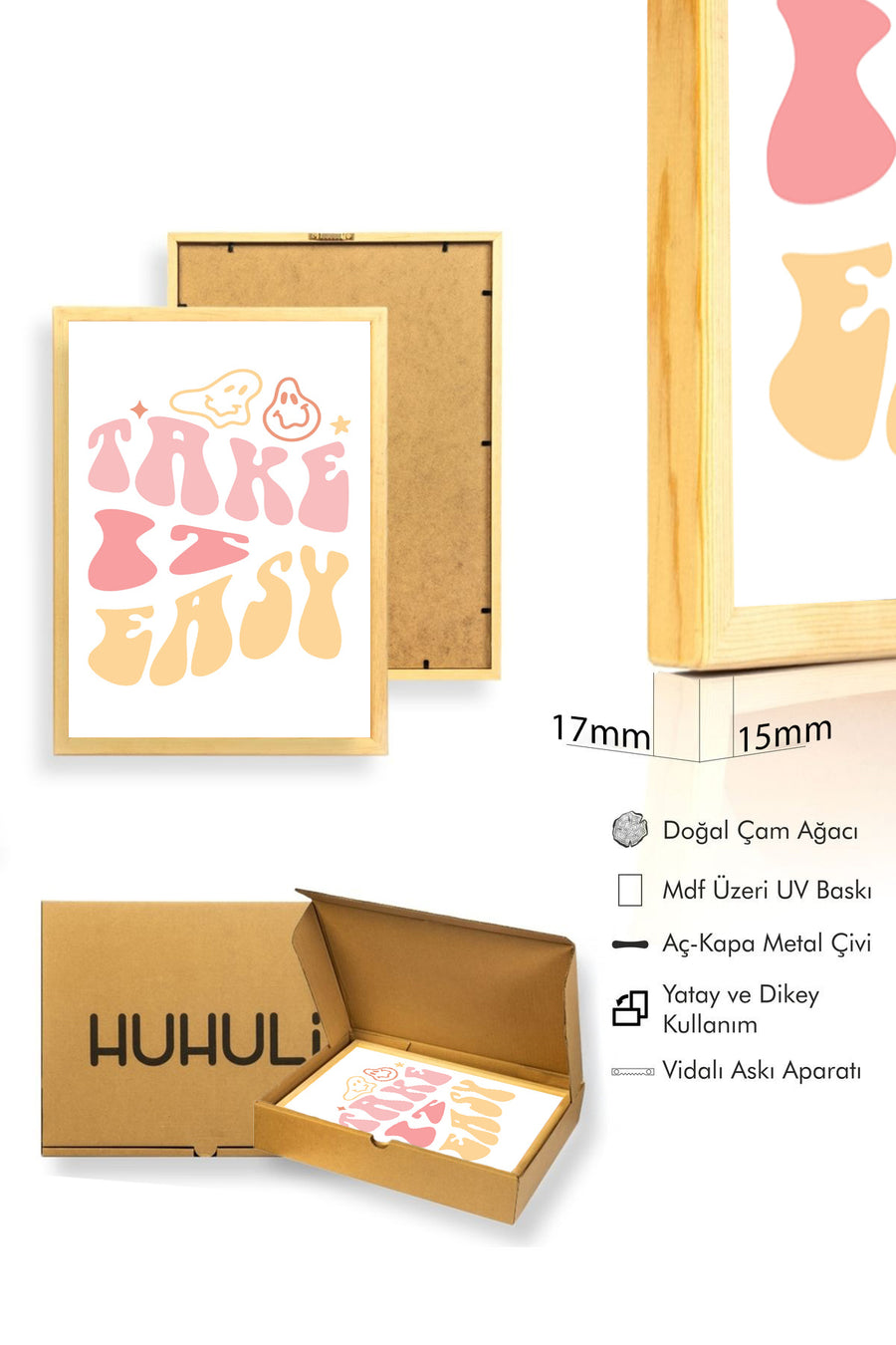 Doğal Ahşap Çerçeveli Retro Tablo - Pastel Tonlarda Tipografi Smiley Duvar Dekoru | huhu2069