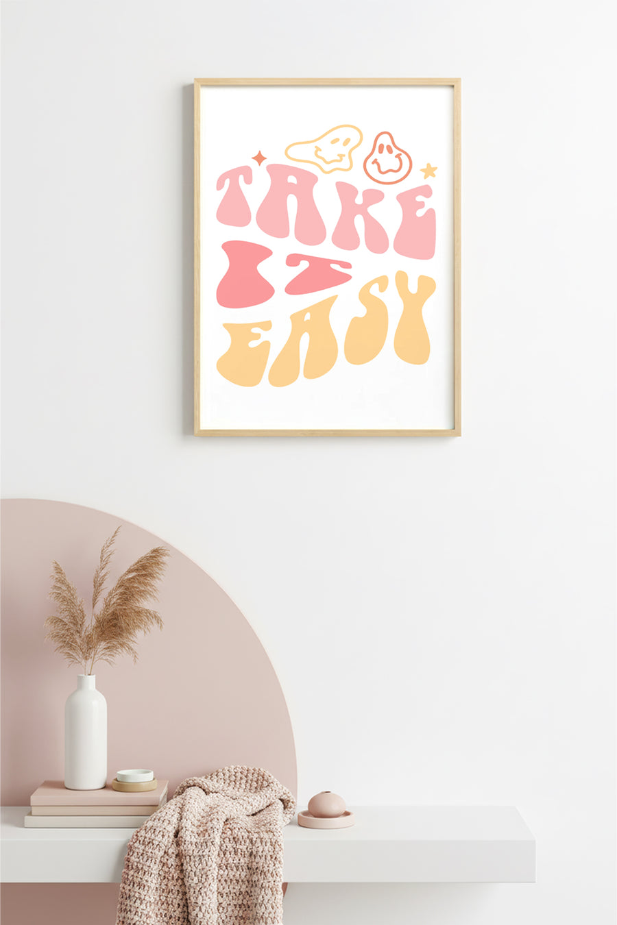 Doğal Ahşap Çerçeveli Retro Tablo - Pastel Tonlarda Tipografi Smiley Duvar Dekoru | huhu2069