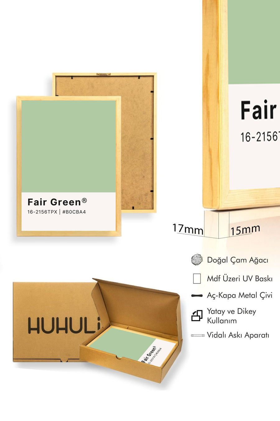 Doğal Ahşap Çerçeveli Retro Tablo - Pastel Yeşil Tonlar Soyut Duvar Dekoru | huhu2070