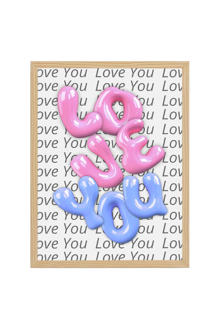 Doğal Ahşap Çerçeveli Retro Tablo - Pembe Mavi Love You Bubble Desenli | huhu2071
