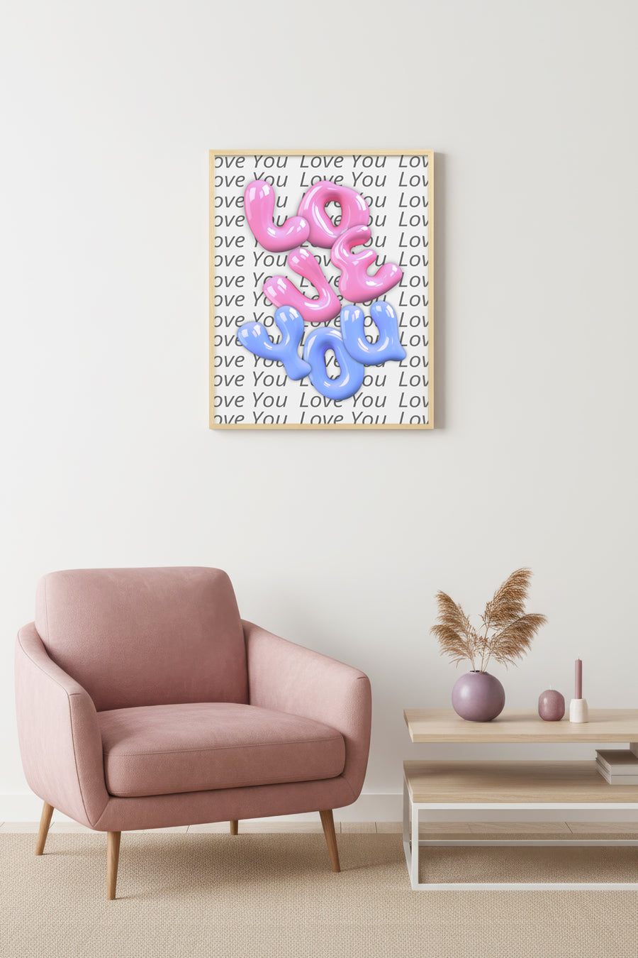 Doğal Ahşap Çerçeveli Retro Tablo - Pembe Mavi Love You Bubble Desenli | huhu2071