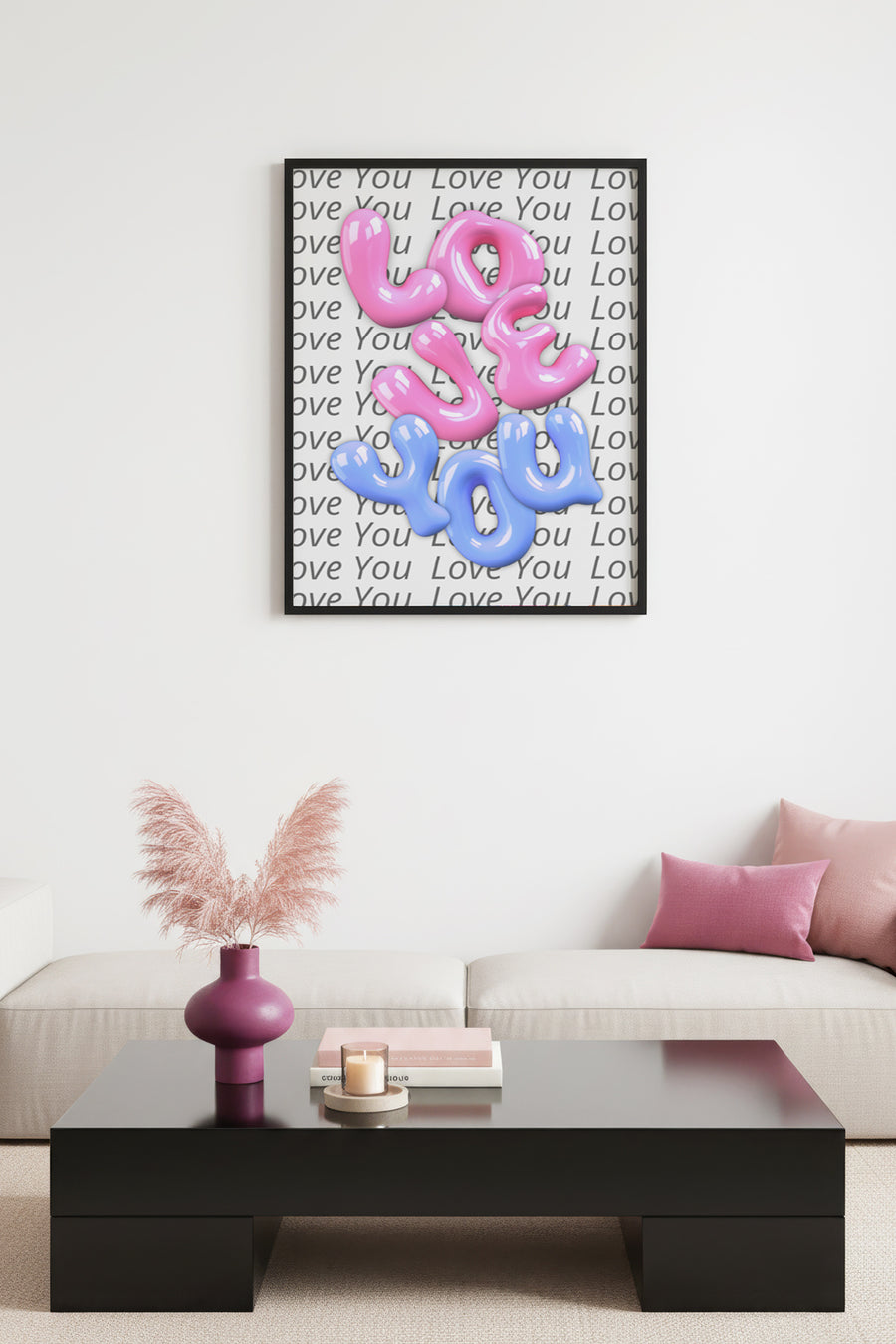 Doğal Ahşap Çerçeveli Retro Tablo - Pembe Mavi Love You Bubble Desenli | huhu2071