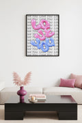 Doğal Ahşap Çerçeveli Retro Tablo - Pembe Mavi Love You Bubble Desenli | huhu2071