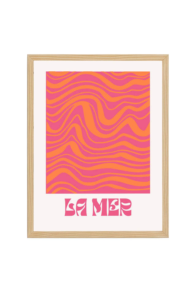Doğal Ahşap Çerçeveli La Mer Retro Soyut Dalga Tablo - Turuncu Pembe Tonlar | huhu2072