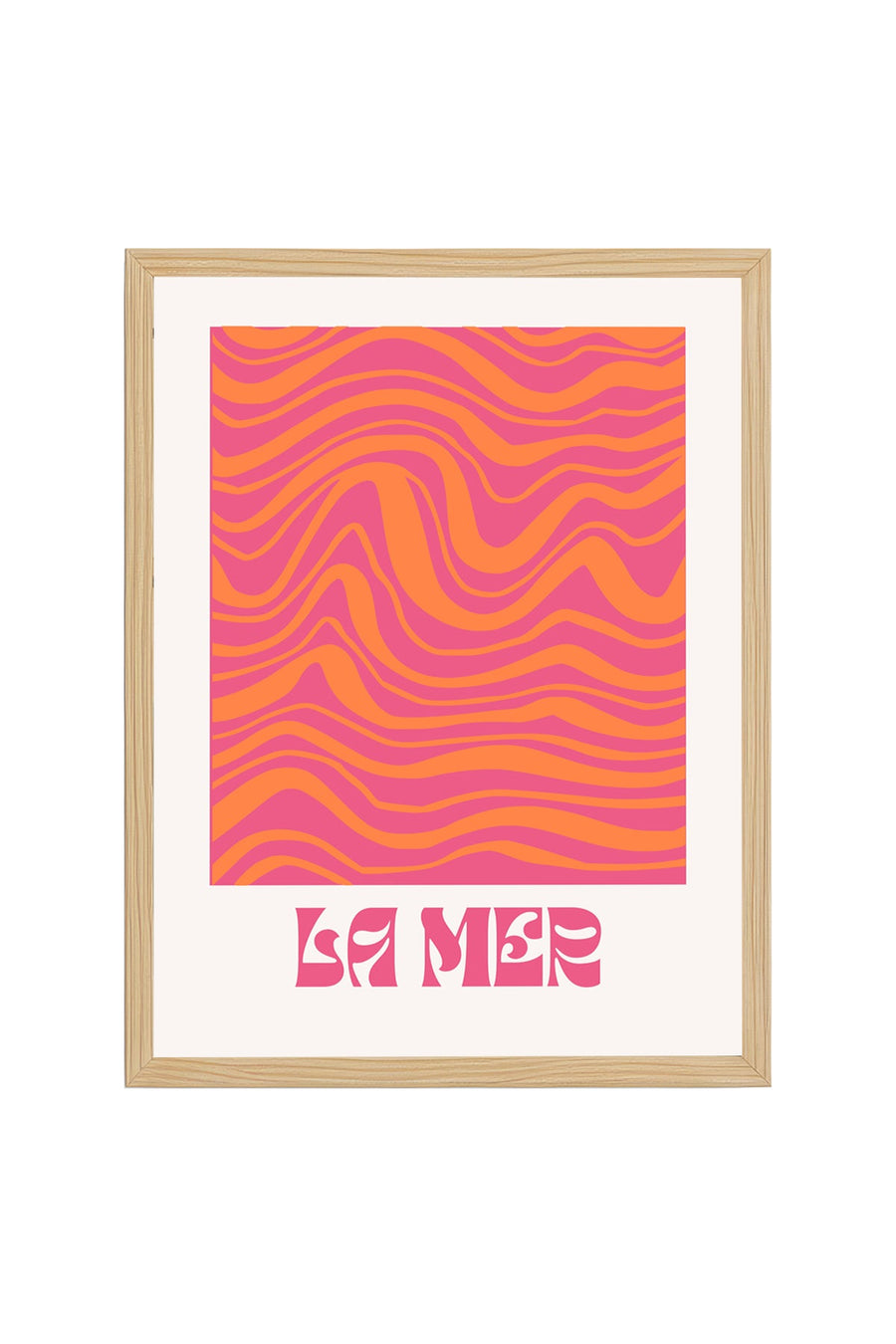 Doğal Ahşap Çerçeveli La Mer Retro Soyut Dalga Tablo - Turuncu Pembe Tonlar | huhu2072