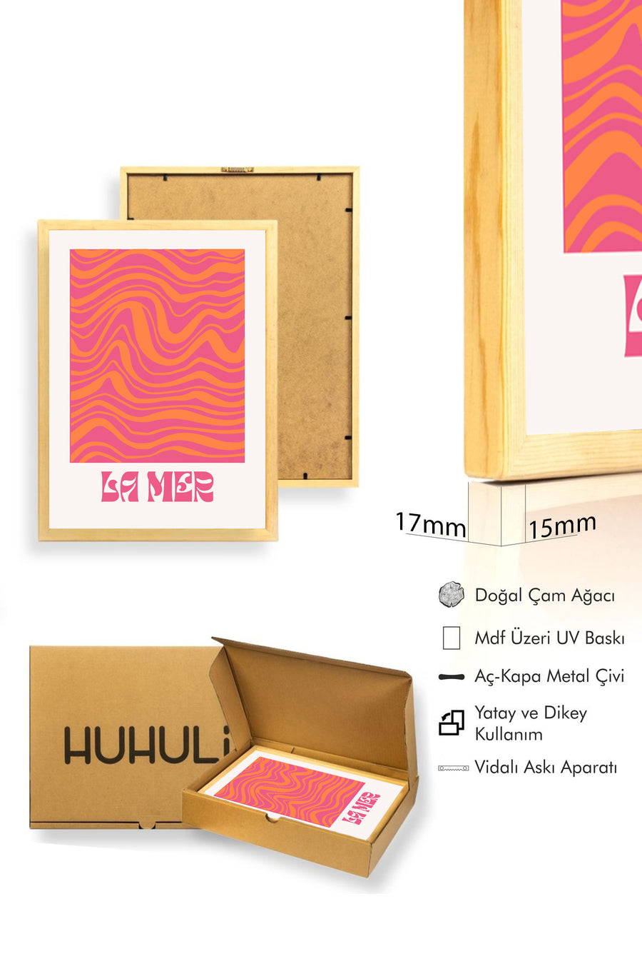 Doğal Ahşap Çerçeveli La Mer Retro Soyut Dalga Tablo - Turuncu Pembe Tonlar | huhu2072