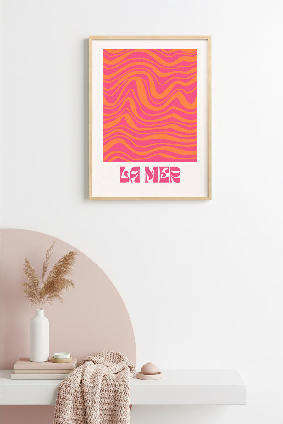 Doğal Ahşap Çerçeveli La Mer Retro Soyut Dalga Tablo - Turuncu Pembe Tonlar | huhu2072
