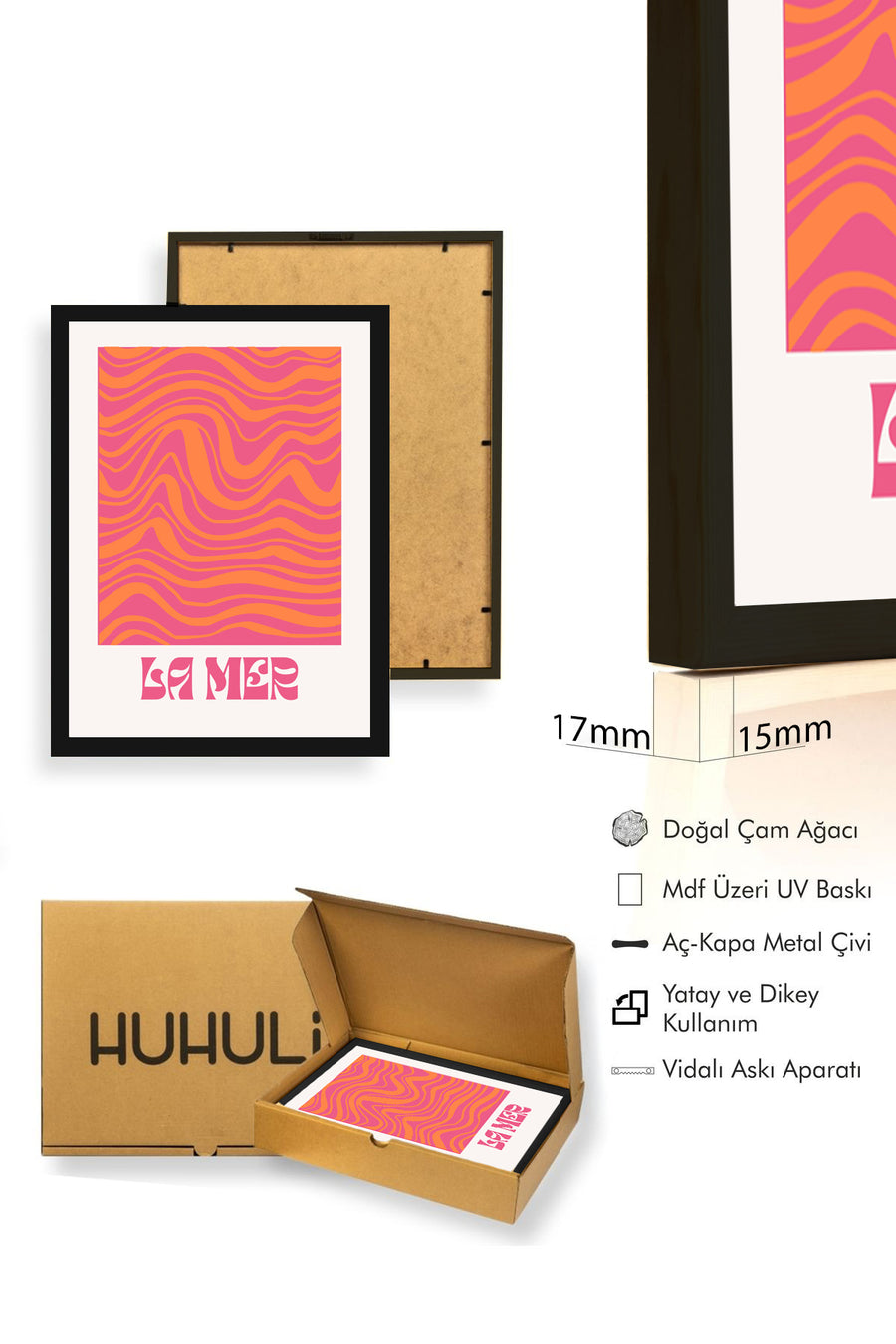 Doğal Ahşap Çerçeveli La Mer Retro Soyut Dalga Tablo - Turuncu Pembe Tonlar | huhu2072