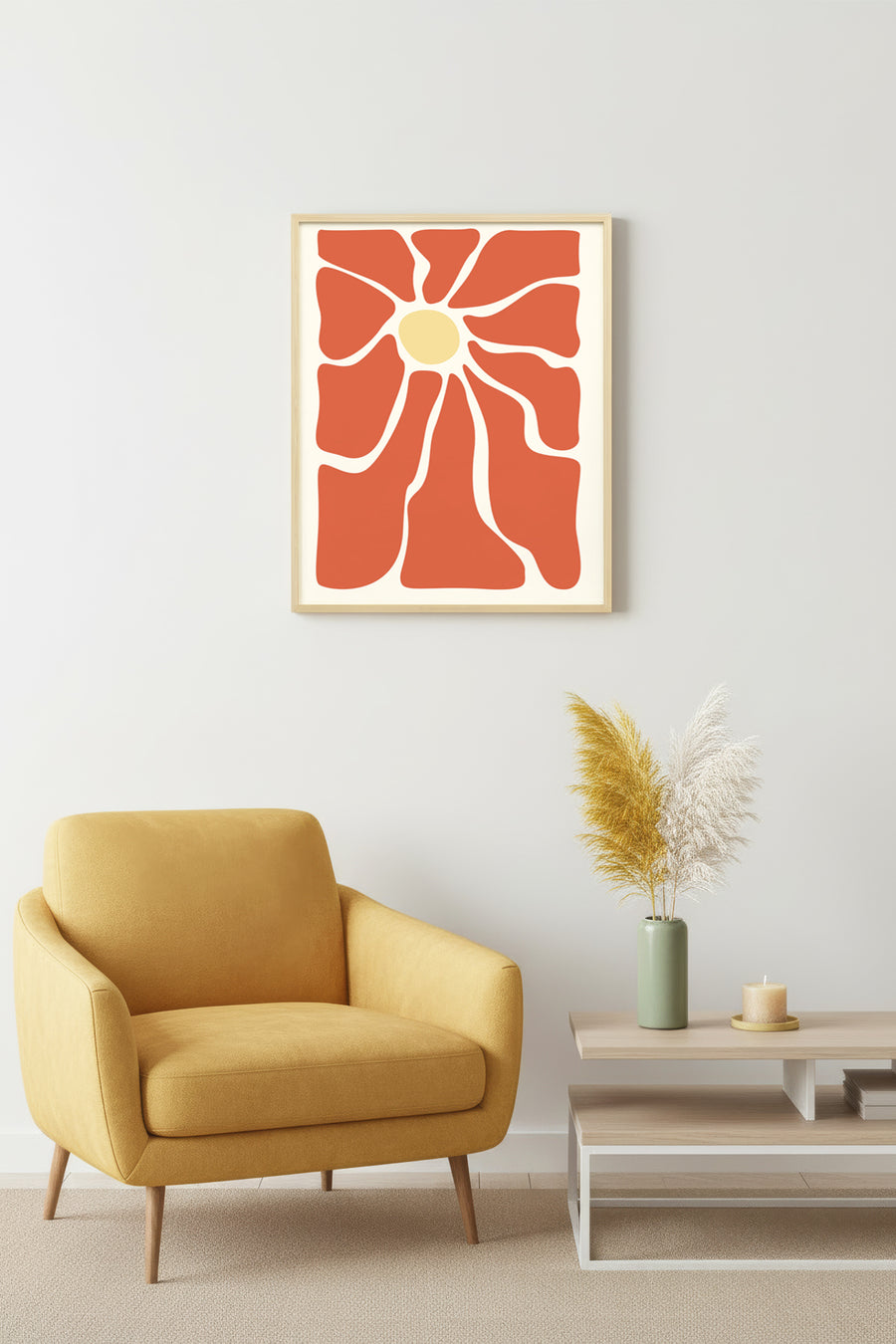 Doğal Ahşap Çerçeveli Retro Soyut Tablo - Boho Çiçek Desenli | huhu2073
