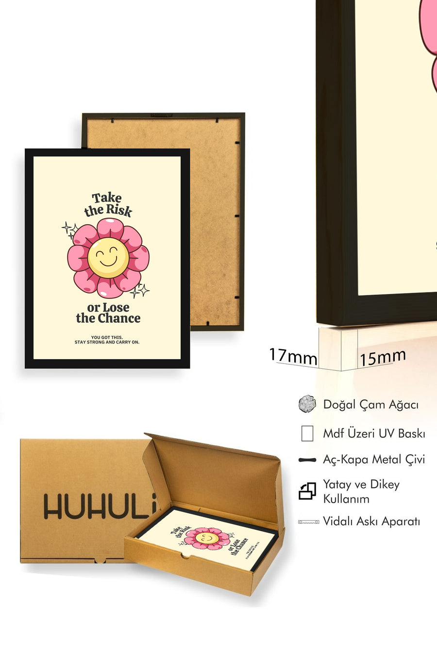 Doğal Ahşap Çerçeveli Retro Çiçekli Tablo - Motivasyonel Sözler | huhu2075