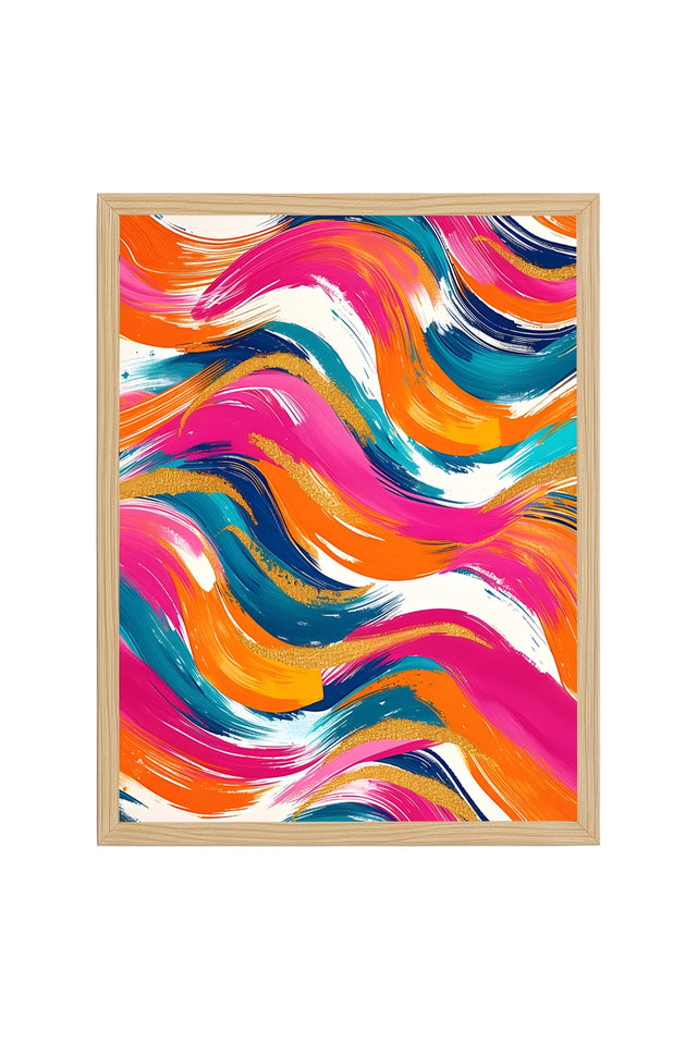 Doğal Ahşap Çerçeveli Canlı Retro Soyut Tablo - Dalga Desenli Pembe Mavi | huhu2076