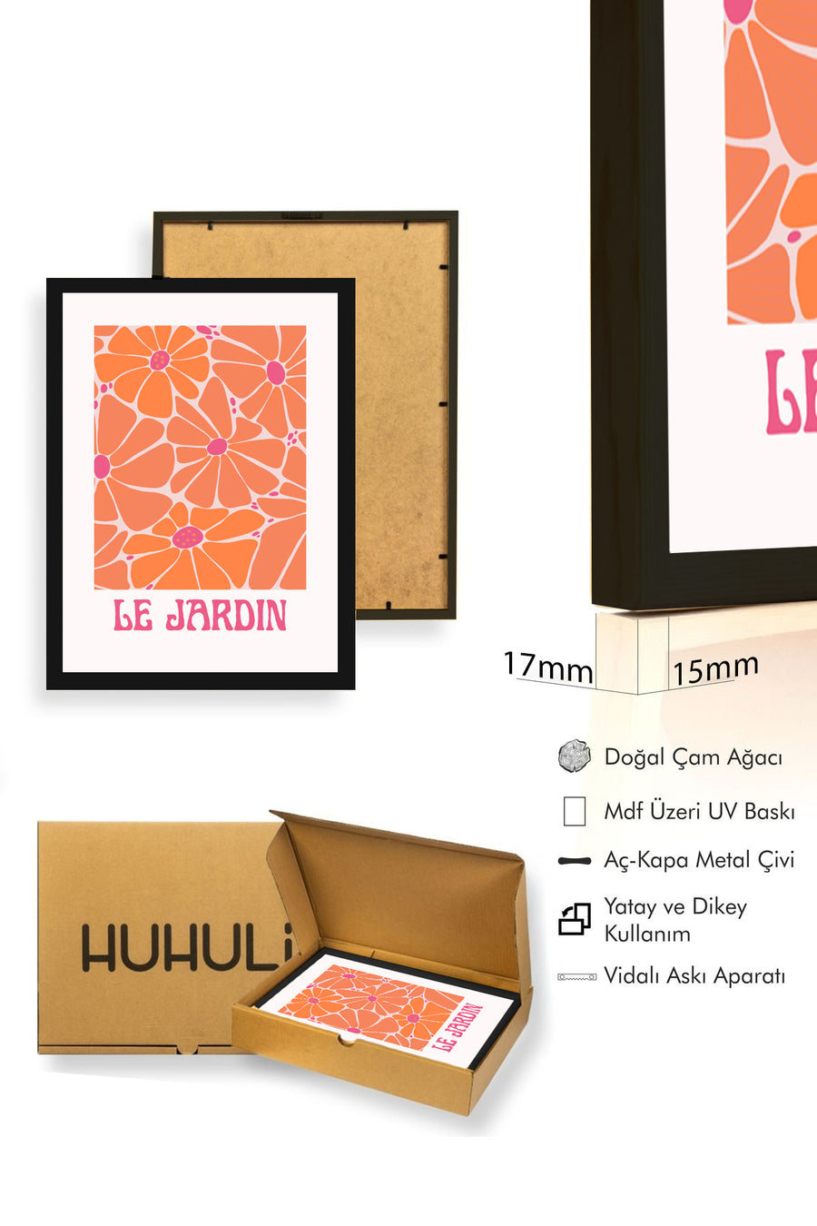 Doğal Ahşap Çerçeveli Retro Çiçek Desenli Tablo - Turuncu Floral | huhu2079