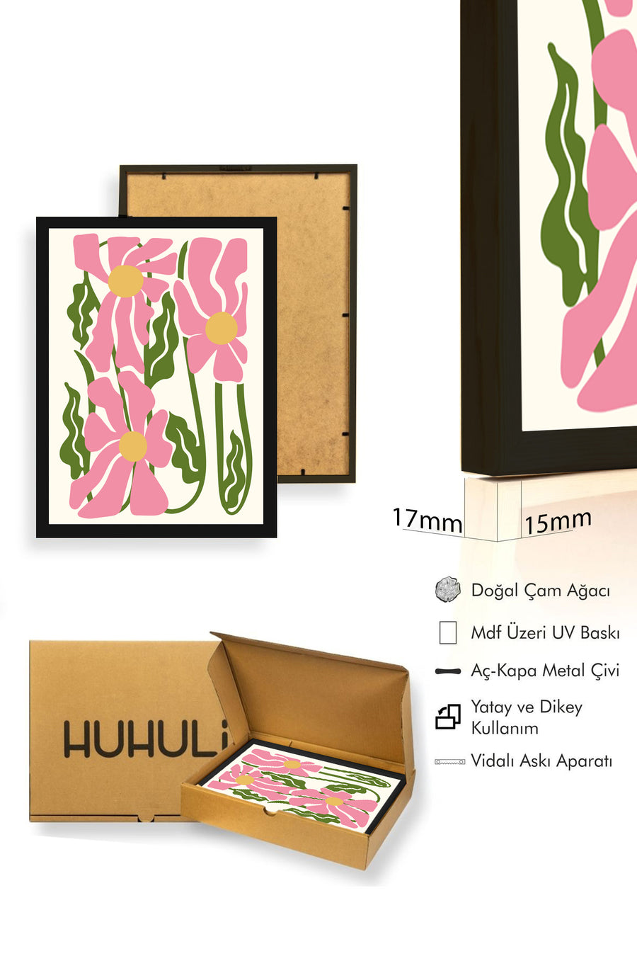 Doğal Ahşap Çerçeveli Retro Çiçek Desenli Tablo - Pembe Yeşil Floral | huhu2080
