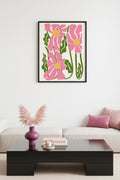 Doğal Ahşap Çerçeveli Retro Çiçek Desenli Tablo - Pembe Yeşil Floral | huhu2080