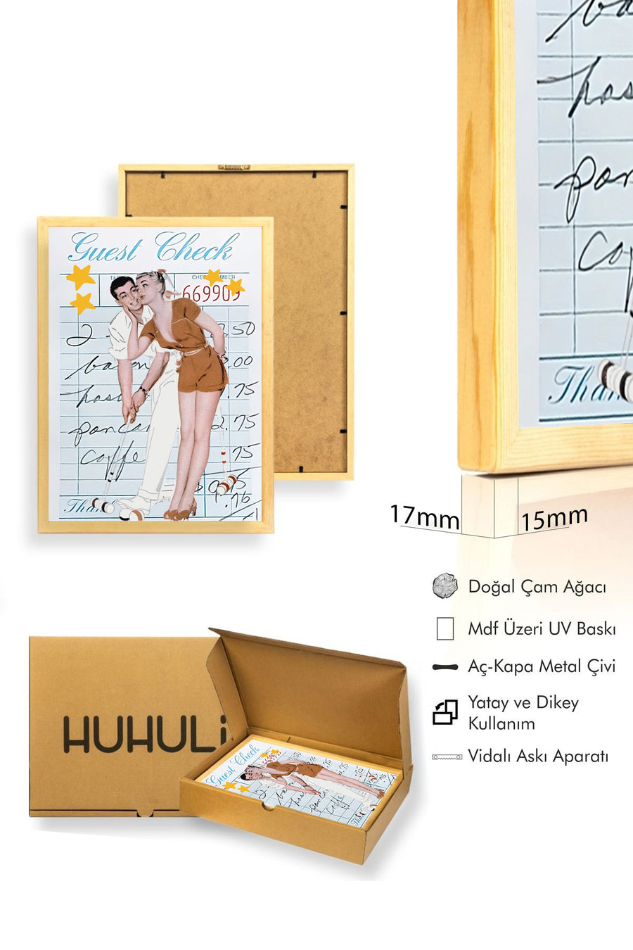 Doğal Ahşap Çerçeveli Retro Çift Tablo - Vintage İllüstrasyon Duvar Dekoru | huhu2082