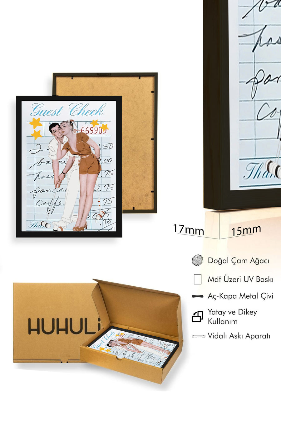 Doğal Ahşap Çerçeveli Retro Çift Tablo - Vintage İllüstrasyon Duvar Dekoru | huhu2082