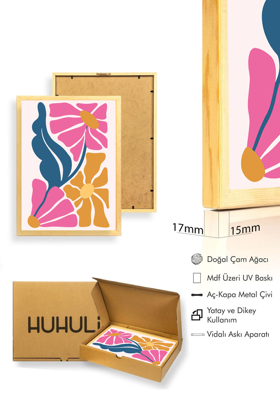 Doğal Ahşap Çerçeveli Retro Çiçek Desenli Tablo - Pastel Tonlar | huhu2083
