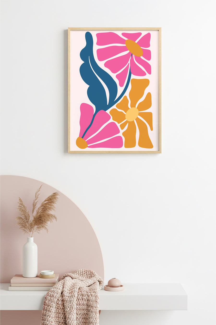 Doğal Ahşap Çerçeveli Retro Çiçek Desenli Tablo - Pastel Tonlar | huhu2083