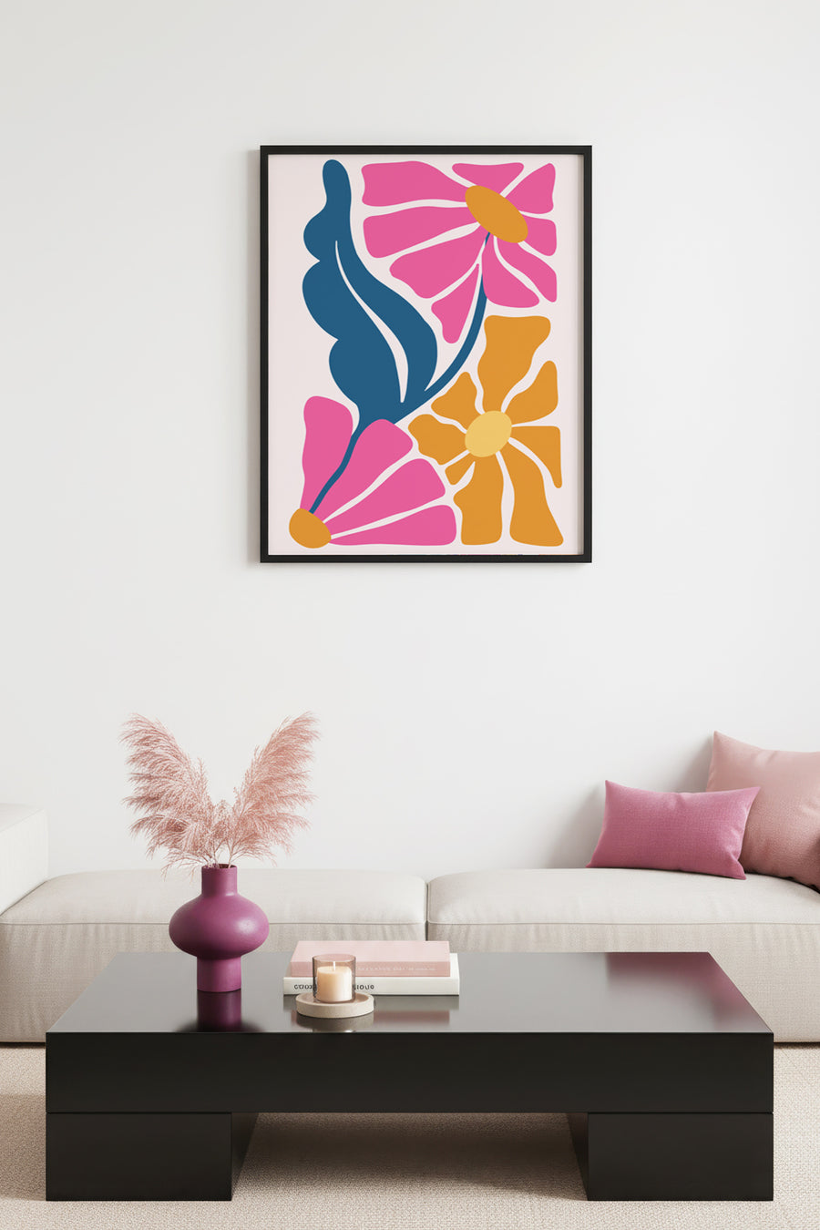 Doğal Ahşap Çerçeveli Retro Çiçek Desenli Tablo - Pastel Tonlar | huhu2083