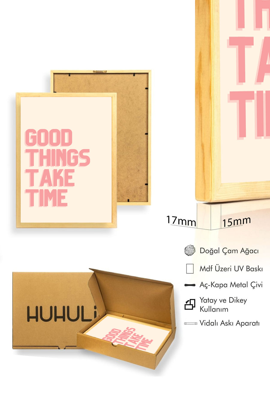 Doğal Ahşap Çerçeveli Retro Tablo - Good Things Take Time Sözlü Baskı | huhu2084
