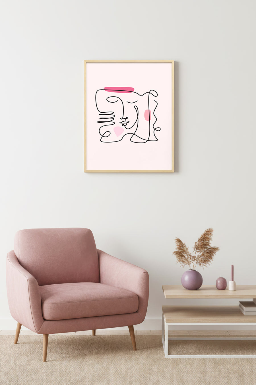 Doğal Ahşap Çerçeveli Soyut Line Art Kadın Portresi Tablo - Pembe Tonlar | huhu2087