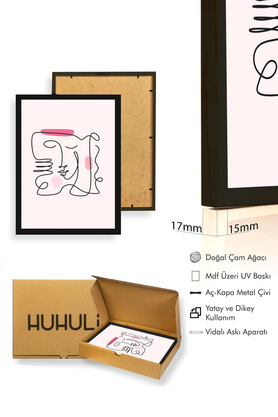 Doğal Ahşap Çerçeveli Soyut Line Art Kadın Portresi Tablo - Pembe Tonlar | huhu2087