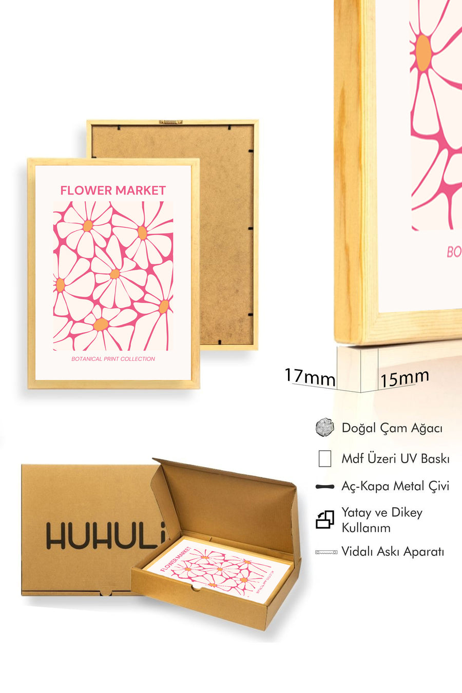 Doğal Ahşap Çerçeveli Çiçekli Dekoratif Tablo - Retro Botanik Desen | huhu2088