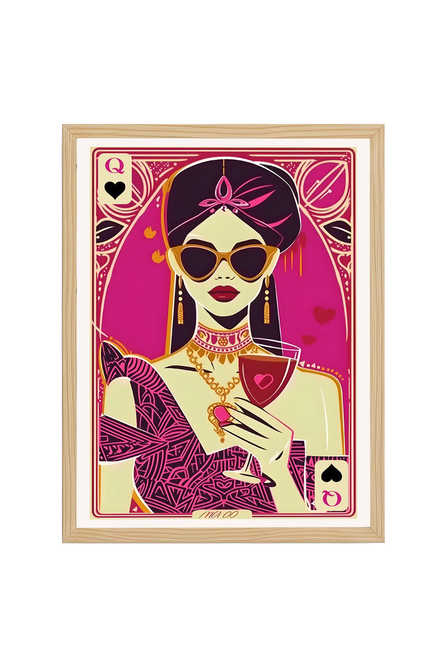 Doğal Ahşap Çerçeveli Retro Pop Art Kadın Portre Tablo - Magenta Tonlar | huhu2094