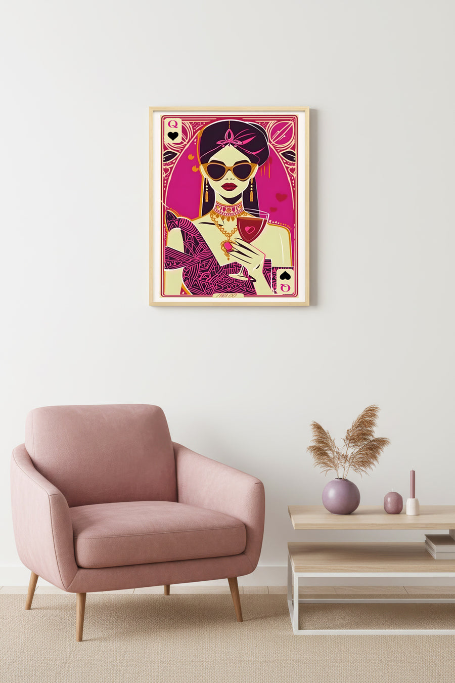 Doğal Ahşap Çerçeveli Retro Pop Art Kadın Portre Tablo - Magenta Tonlar | huhu2094