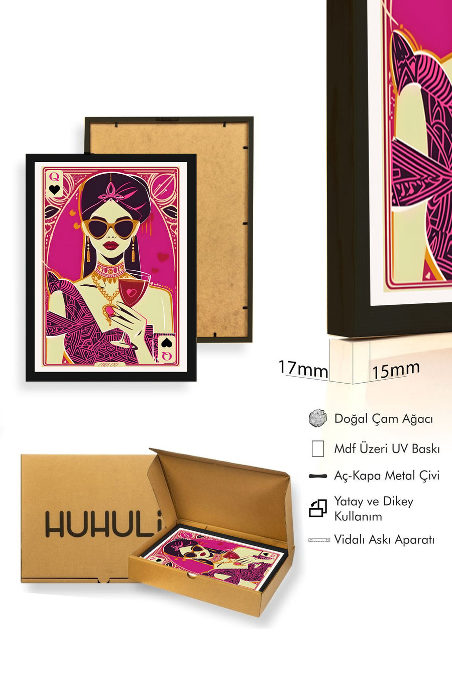 Doğal Ahşap Çerçeveli Retro Pop Art Kadın Portre Tablo - Magenta Tonlar | huhu2094