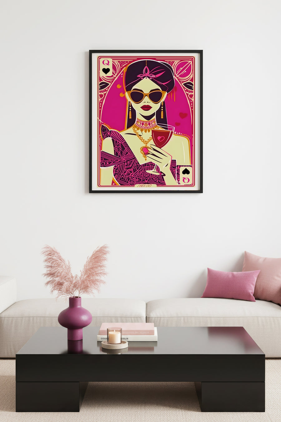 Doğal Ahşap Çerçeveli Retro Pop Art Kadın Portre Tablo - Magenta Tonlar | huhu2094