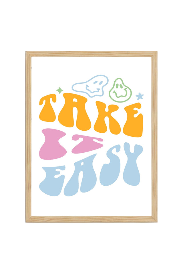 Doğal Ahşap Çerçeveli Retro Tipografi Tablo - Take It Easy Smiley Desen | huhu2097