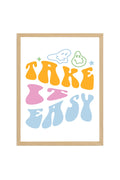 Doğal Ahşap Çerçeveli Retro Tipografi Tablo - Take It Easy Smiley Desen | huhu2097