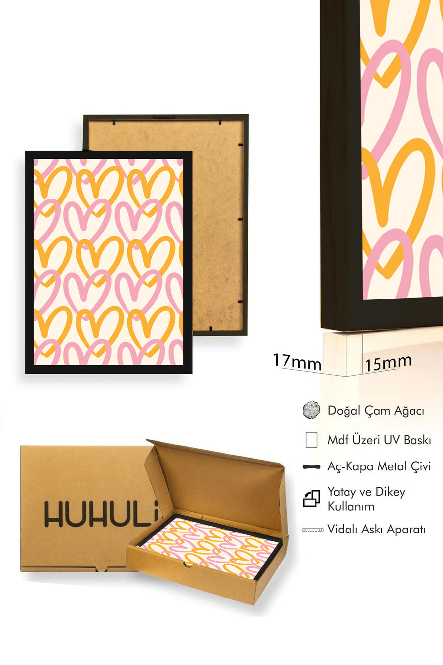 Doğal Ahşap Çerçeveli Retro Tablo - Kalp Desenli Pop Art | huhu2200