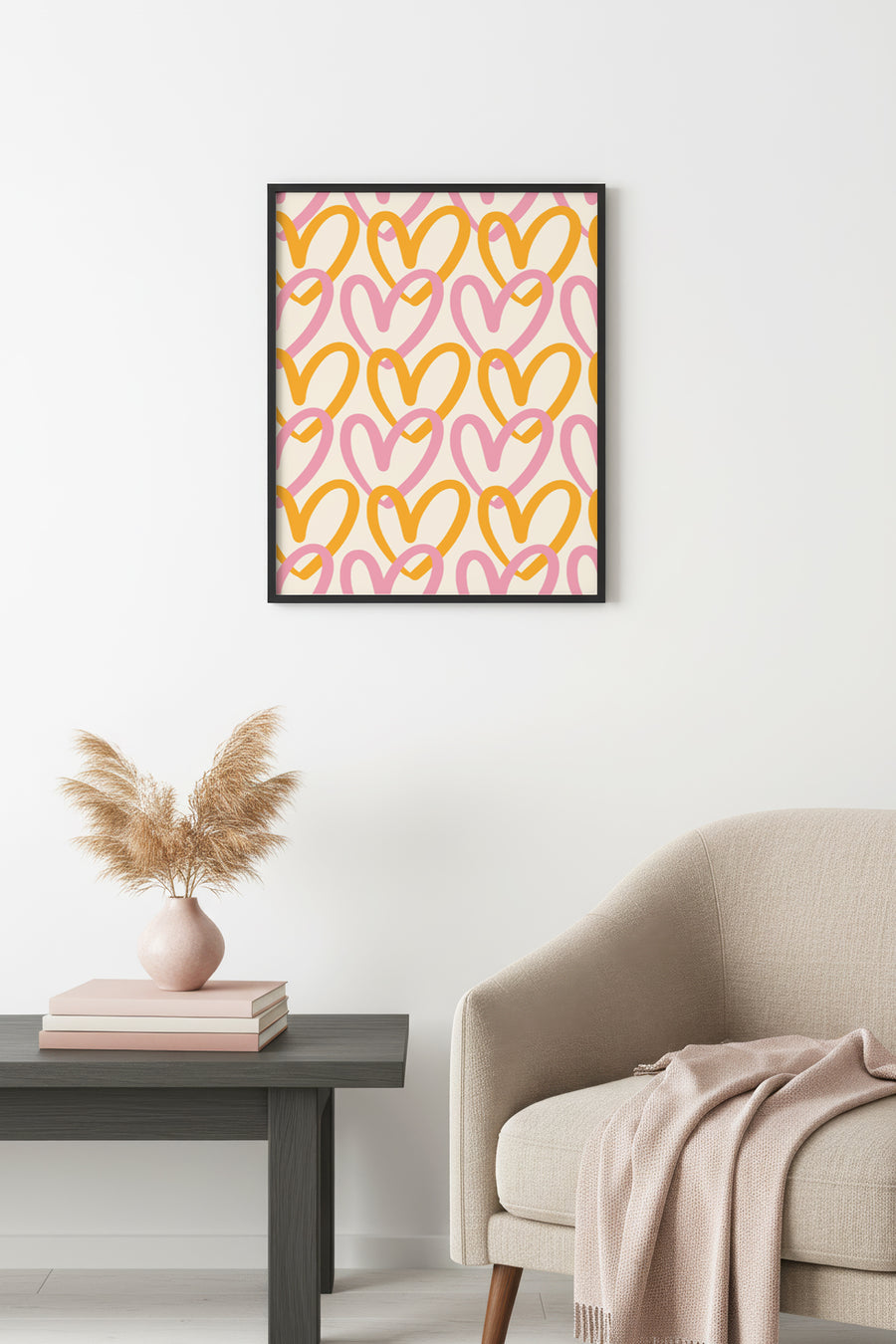 Doğal Ahşap Çerçeveli Retro Tablo - Kalp Desenli Pop Art | huhu2200