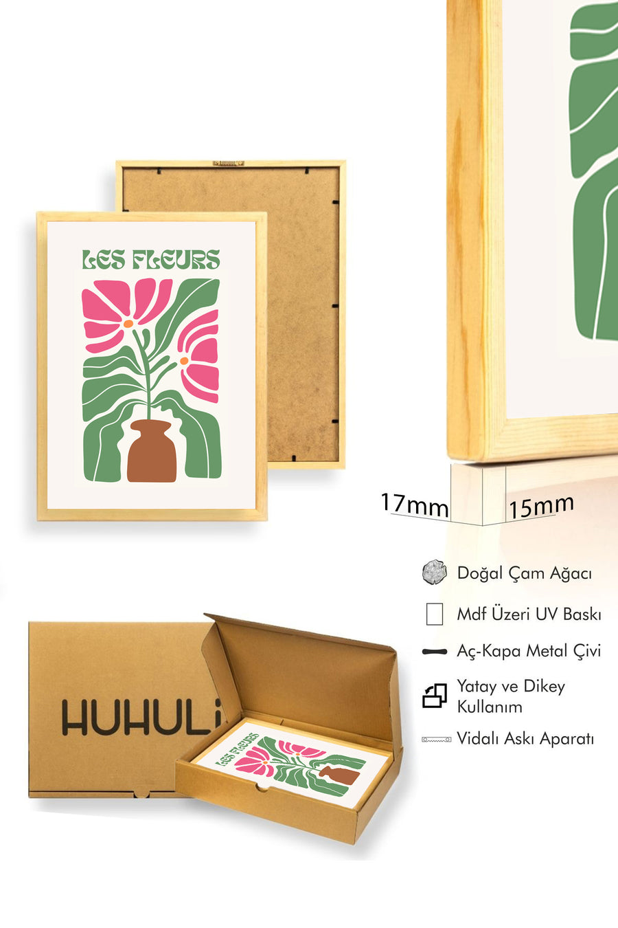 Doğal Ahşap Çerçeveli Retro Tablo - Botanik Çiçek Desenli | huhu2202