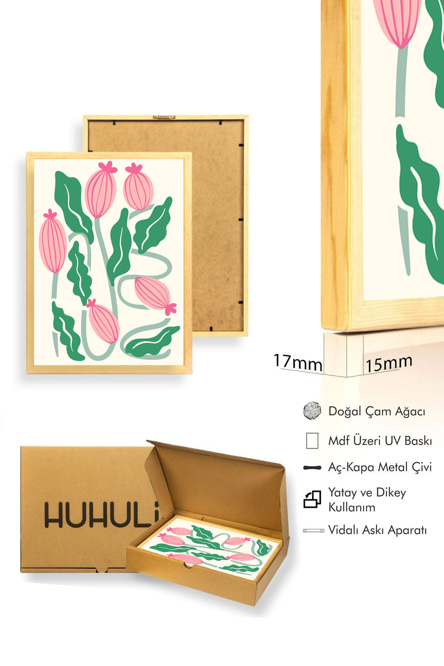 Doğal Ahşap Çerçeveli Retro Botanik Tablo - Pembe Çiçekli Yapraklar | huhu2203