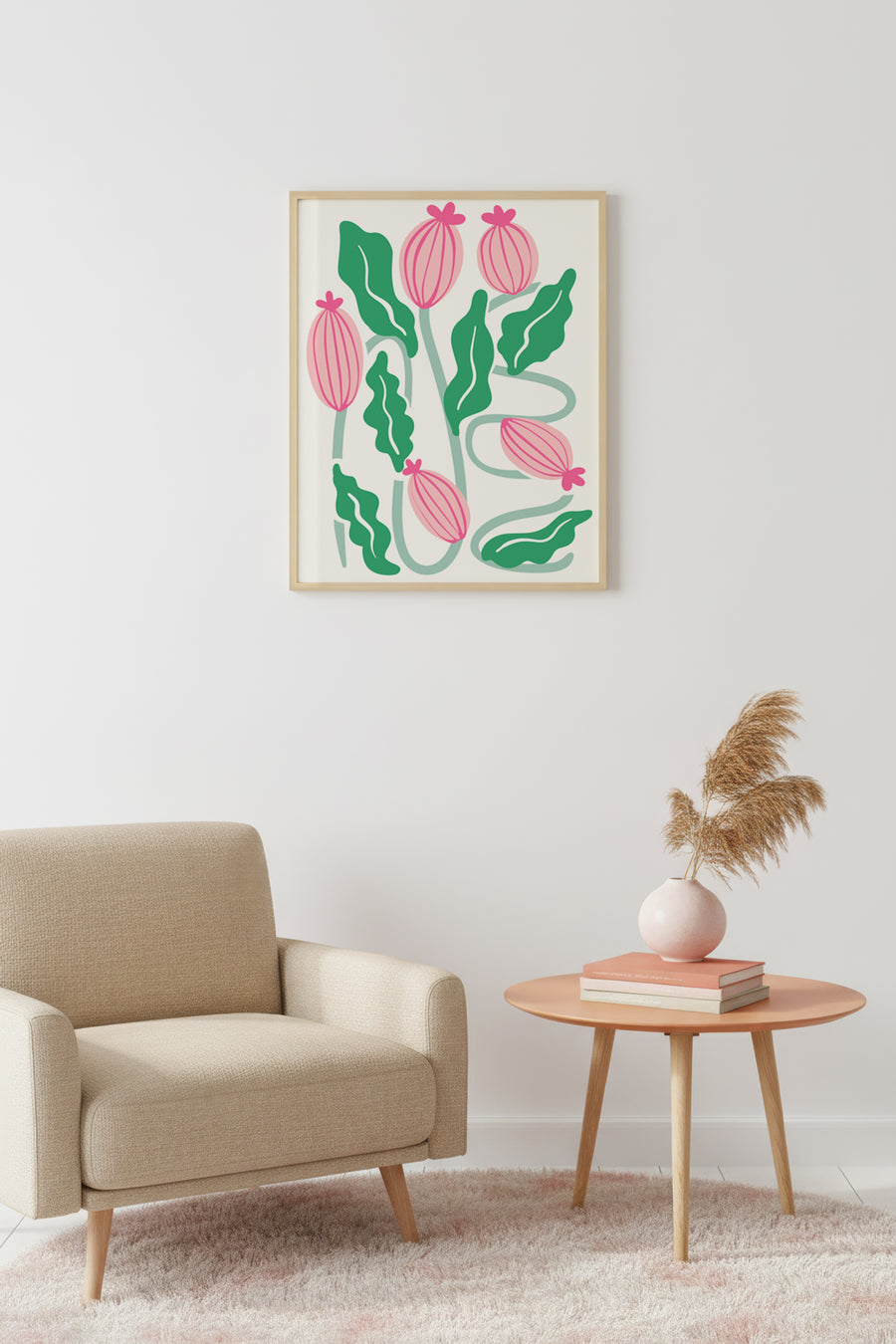 Doğal Ahşap Çerçeveli Retro Botanik Tablo - Pembe Çiçekli Yapraklar | huhu2203