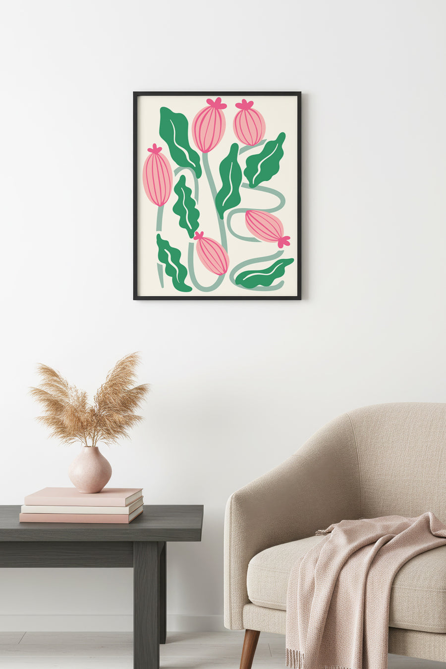 Doğal Ahşap Çerçeveli Retro Botanik Tablo - Pembe Çiçekli Yapraklar | huhu2203