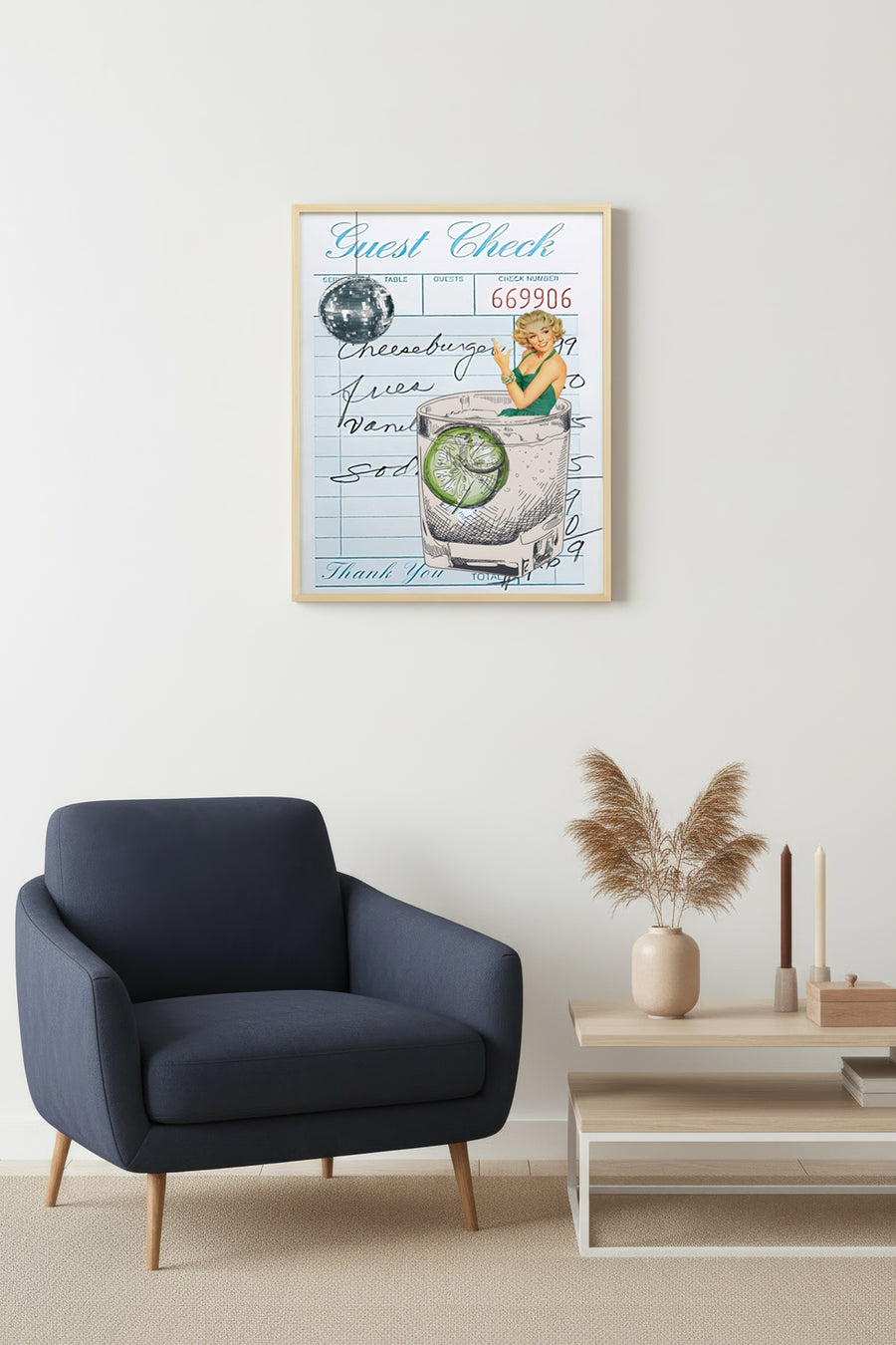 Doğal Ahşap Çerçeveli Retro Tablo - Yaz Cocktail Çizimi | huhu2205